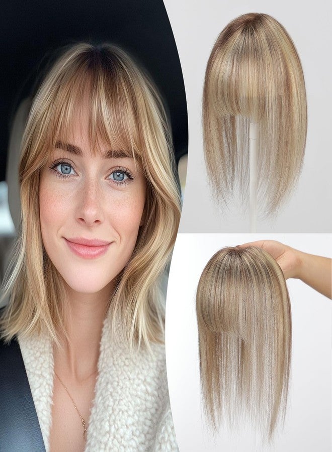 EMMOR 10 Inch Real Human Hair Topper for Women - Upgrade Swiss Lace Base with 3 Non-Slip Clips, 4.5" x 3" Clip in Bangs for Thinning Hair & Natural Hair Loss Coverage(Ombre Blonde & Brown Highlight) - Image 1